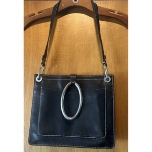 DKNY Vintage Black Leather Purse Handbag Silver Oval Buckle 90's Magnetic Close